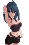  1girl absurdres ahoge arm_up armpits bare_arms bare_shoulders belt black_belt black_shorts blue_eyes blue_hair blush breasts byleth_(female)_(fire_emblem) byleth_(fire_emblem) cleavage commentary cowboy_shot fire_emblem fire_emblem:_three_houses highres like_and_retweet long_hair looking_at_viewer medium_breasts midriff navel short_shorts shorts simple_background solo standing stomach strapless tube_top white_background x_xith_x 