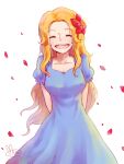  1girl ^_^ blonde_hair blue_dress closed_eyes commentary dress flower freckles hair_flower hair_ornament hibiscus long_dress mino_(mino_cat) one_piece portgas_d._rouge puffy_short_sleeves puffy_sleeves short_sleeves signature solo teeth upper_teeth_only 