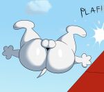 2024 absurd_res anthro balls beagle big_butt butt canid canine canis cloud colossalstars day digital_media_(artwork) domestic_dog falling fur genitals hi_res hunting_dog male mammal nude onomatopoeia peanuts_(comic) scent_hound sky snoopy solo sound_effects tail text thick_thighs white_body white_fur white_tail