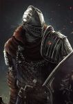  1other absurdres amazuya_azuma ambiguous_gender armor artist_name belt brown_belt brown_gloves chain chosen_undead commentary_request dark_souls_(series) dark_souls_i embers gauntlets gloves grey_background helm helmet highres holding holding_shield looking_to_the_side shield shoulder_plates solo upper_body 