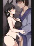  1boy 1girl absurdres after_kiss animal_ear_fluff animal_ears atago_(azur_lane) azur_lane bar_censor bare_arms black_bra black_hair black_panties blush bra breast_press breasts brown_eyes brown_hair censored cowboy_shot erection faceless faceless_male floral_print from_side furrowed_brow hair_ribbon half_updo hand_on_another&#039;s_arm height_difference hetero highres japanese_clothes kimono large_breasts lingerie long_hair looking_at_another looking_up milliani mole mole_under_eye naked_kimono open_mouth panties penis penis_on_stomach print_bra purple_kimono ribbon saliva saliva_trail short_hair standing steam straight_hair strap_gap testicles tongue tongue_out torso_grab underwear underwear_only very_short_hair white_ribbon 