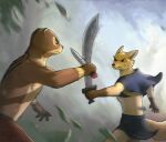 anthro brown_body brown_fur canid canine clothed clothing dagger deyna_taggerung fight fox fur hi_res male mammal melee_weapon mr.solar mustelid otter redwall ruggan_bor(redwall) sword tattoo topless weapon