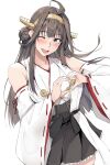  1girl ahoge brown_hair cowboy_shot detached_sleeves gold_hairband hairband heart heart_hands highres kantai_collection kongou_(kancolle) long_hair nontraditional_miko one_eye_closed open_mouth simple_background smile solo white_background white_sleeves zekkyon 