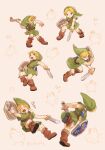  blonde_hair blue_eyes boomerang boots clothing elf footwear hair hat headgear headwear hi_res humanoid humanoid_pointy_ears hylian hylian_shield light_body light_skin male melee_weapon multiple_poses nintendo not_furry ocarina_of_time olxexlo open_mouth pose shield shirt signature simple_background solo sword the_legend_of_zelda topwear tunic weapon young_link 