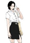  1girl bag belt black_belt black_hair black_skirt collarbone highres looking_at_viewer one_eye_closed original pencil_skirt sakamoto_giulietta shirt short_hair shoulder_bag simple_background skirt solo standing v white_background white_shirt 