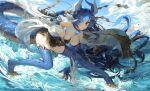  1girl :d absurdly_long_hair absurdres adhesive_bra backless_kimono black_skirt blue_hair blue_scales blue_sky blunt_bangs breasts claws cleavage clenched_teeth cloud dayshiart detached_sleeves dragon_girl dragon_horns dragon_tail dynamic_pose fighting_stance floating_hair full_body gloves hair_ornament hair_over_one_eye highres horns indie_virtual_youtuber japanese_clothes kimono large_breasts long_hair looking_at_viewer obi pleated_skirt pointy_ears red_eyes sash second-party_source side_slit skirt sky sleeveless sleeveless_kimono smile solo splashing standing standing_on_liquid tail teeth thighhighs toe_claws torn_clothes torn_sleeves very_long_hair vienna_(vtuber) virtual_youtuber wet white_kimono wide_sleeves 