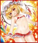  1girl 2023 :d artist_name ass_visible_through_thighs bikini border bracelet breasts cameltoe cleavage commentary_request cowboy_shot crystal dated fang flandre_scarlet frilled_wrist_cuffs frills groin hair_between_eyes happy hat hat_ribbon head_tilt jewelry looking_at_viewer marker_(medium) medium_hair micro_bikini midriff mob_cap navel nordic_niku one_side_up open_mouth outstretched_arms outstretched_hand red_bikini red_border red_eyes red_ribbon ribbon shiny_skin simple_background single_wrist_cuff skin_fang small_breasts smile solo swimsuit touhou traditional_media underboob white_hat wings wrist_cuffs 