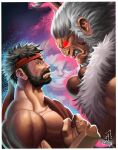  akuma_(street_fighter) beard black_hair clenched_teeth dark-skinned_male dark_skin derivative_work eye_contact facial_hair frown glaring glowing glowing_eyes grey_hair headband highres logsarcadecab looking_at_another luke_sullivan muscular muscular_male no_eyebrows red_eyes red_headband ryu_(street_fighter) sash smug street_fighter street_fighter_6 tall_male teeth upper_body v-shaped_eyebrows 