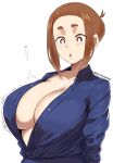  1girl absurdres blue_shirt breasts bright_pupils brown_eyes brown_hair bursting_breasts cleavage collared_shirt english_commentary flying_button hair_bun highres huge_breasts kaii_to_otome_to_kamikakushi micchan_(micchanmeido) mole mole_under_eye no_bra ogawa_sumireko open_mouth popped_button shirt short_eyebrows sidelocks solo thick_eyebrows twitter_username upper_body wardrobe_malfunction white_background white_pupils 