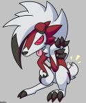  2017 3_fingers 3_toes black_claws black_nose claws fingers fur grey_background hair hi_res kemofoo lycanroc male midnight_lycanroc nintendo pink_tongue pok&eacute;mon pok&eacute;mon_(species) red_body red_eyes red_fur simple_background sitting solo tailwag toe_claws toes tongue tongue_out video_games white_body white_fur white_hair 