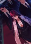  1girl 3boys between_breasts black_dress blue_hair blurry blurry_background breasts closed_mouth cu_chulainn_(fate)_(all) cu_chulainn_(fate/prototype) cu_chulainn_alter_(fate/grand_order) depth_of_field dress dutch_angle fate/grand_order fate_(series) formal glint highres jacket_on_shoulders jewelry large_breasts long_hair low_ponytail multiple_boys necklace necktie purple_hair red_carpet red_eyes reroi scathach_(fate)_(all) scathach_(fate/grand_order) side_slit single_earring single_sidelock smile suit sunglasses 