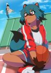  ambiguous_gender anthro avian ball basketball_(ball) black_body black_fur black_hair blue_body blue_eyes blue_fur blue_hair brand_new_animal brown_body brown_fur canid canine clothed clothing cloud day female feral fluffy fluffy_tail footwear fur group hair hand_in_pocket hi_res holding_object human jacket kamiyan0912 male mammal michiru_kagemori multicolored_body multicolored_eyes multicolored_fur outside pink_eyes pockets raccoon_dog shirou_ogami shoes sitting smile studio_trigger tanuki topwear translucent translucent_hair white_hair 