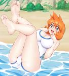  1girl :d alternate_breast_size bangs barefoot blue-senpai blue_swimsuit breasts cleavage clenched_hands day eyebrows_visible_through_hair feet full_body grass green_eyes hair_between_eyes hands_over_breasts happy kasumi_(pokemon) large_breasts legs_together legs_up lying medium_hair mixed-language_commentary on_back one-piece_swimsuit open_mouth orange_hair outdoors pokemon pokemon_(game) pokemon_hgss sand shiny shiny_hair shiny_skin smile soles solo swimsuit teeth toes tongue two-tone_swimsuit upper_teeth water white_swimsuit 