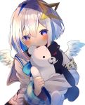  1girl amane_kanata angel_wings armband bangs blue_eyes blue_hair blush chikuwa_(tikuwaumai_) clenched_hand commentary danganronpa eyebrows_visible_through_hair eyes_visible_through_hair hair_ornament head_tilt highres holding holding_stuffed_animal hololive long_sleeves looking_at_viewer monokuma multicolored_hair open_mouth pink_hair school_uniform serafuku silver_hair simple_background smile smirk solo star_(symbol) star_hair_ornament stuffed_animal stuffed_toy symbol_commentary translation_request two-tone_hair virtual_youtuber white_background wings 