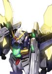  absurdres after_war_gundam_x glowing green_eyes gundam gundam_double_x highres mecha nakamura_eight no_humans satellite_cannon shoulder_cannon white_background 