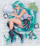  2girls aqua_eyes aqua_hair aqua_neckwear bangs bare_arms bare_shoulders bed_sheet black_footwear black_skirt boots breasts closed_mouth collared_shirt doll dual_persona english_commentary fetal_position from_above full_body green_eyes green_hair green_nails grey_shirt hair_down hair_ornament hatsune_miku high_heel_boots high_heels highres lipstick long_hair looking_at_viewer lying makeup marker_(medium) mayo_riyo minigirl miniskirt mismatched_footwear multiple_girls nail_polish necktie on_bed on_side pillow pleated_skirt shirt shoe_soles shoulder_tattoo sideways_glance skirt sleeveless sleeveless_shirt small_breasts smile spring_onion swept_bangs tattoo themed_object thigh_boots thighhighs traditional_media very_long_hair vocaloid 