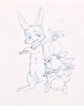  bag blue_body blue_fur chest_tuft chima duo eyelashes female feral fur happy_happy_clover lagomorph leporid long_ears male mammal official_art rabbit rambler sayuri_tatsuyama shamrock size_difference sketch stick tabi-usagi-san tabi_usagi tuft walking walking_stick 