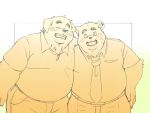  2020 4:3 anthro blush bottomwear canid canine canis clothing domestic_dog duo eyes_closed hug inunoshippo kemono male mammal necktie overweight overweight_male pants shirt topwear 