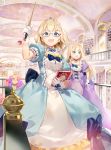  :d bangs blonde_hair blue_eyes book bow dress eyebrows eyebrows_visible_through_hair flower gilse glasses gloves highres holding holding_book long_hair looking_at_viewer open_mouth short_hair smile teeth wand 