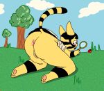  animal_crossing ankha_(animal_crossing) anus bent_over domestic_cat felid feline felis female feral gakrabbit genitals hi_res mammal nintendo outside pussy solo thick_thighs video_games wide_eyed 