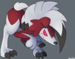  2017 3_fingers 3_toes all_fours ambiguous_gender anthro black_claws black_nose claws fingers fur grey_background hair hi_res kemofoo lycanroc midnight_lycanroc nintendo pok&eacute;mon pok&eacute;mon_(species) red_body red_eyes red_fur ringed_eyes scut_tail sharp_teeth simple_background smile solo teeth toes video_games white_body white_fur white_hair 