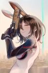  1girl animal_ear_fluff animal_ears armpit_crease bangs breasts brown_hair bunny_ears cityscape closed_mouth from_side gun hair_between_eyes half-closed_eyes handgun heri holding holding_gun holding_weapon hololive looking_at_viewer mechanical_arm medium_breasts pistol roboco-san short_hair smile solo upper_body weapon yellow_eyes 