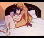  2girls ahoge alma_armas bangs bar_censor bed black_hair blonde_hair breasts censored closed_eyes headboard huge_ahoge jill_stingray large_breasts long_hair multiple_girls navel nipples on_bed over-rim_eyewear pillow prosthetic_hand red_eyes sekihara_umina semi-rimless_eyewear swept_bangs twintails va-11_hall-a yuri 