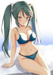  1girl absurdres aqua_hair arm_support bed_sheet blue_bra blue_panties blush bra breasts cleavage collarbone eyebrows_visible_through_hair feet_out_of_frame fingernails gradient gradient_background green_eyes highres isuzu_(kantai_collection) kantai_collection large_breasts long_hair navel panties sitting smile solo twintails underwear underwear_only zuki 