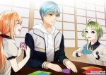  3boys ^_^ aqua_hair blonde_hair bow closed_eyes collared_shirt green_hair hair_bow hood hoodie ichigo_hitofuri kanameyura male_focus midare_toushirou mouri_toushirou multiple_boys official_art open_mouth origami paper ponytail purple_eyes shirt sliding_doors smile table touken_ranbu yellow_eyes 