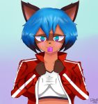  anthro black_hair black_nose blue_body blue_eyes blue_fur blue_hair blush brand_new_animal breasts brown_body brown_fur canid canine clothed clothing condom condom_in_mouth female fur hair hi_res jacket mammal michiru_kagemori multicolored_eyes multicolored_hair pink_eyes raccoon_dog rinthalox sexual_barrier_device short_hair studio_trigger tanuki topwear 