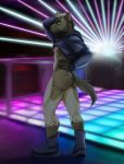  2020 5_fingers anthro black_nose butt clothed clothing dance_floor fingers footwear fur hair hi_res humanoid_hands hyaenid inside looking_at_viewer male mammal nightclub pose solo spots spotted_body spotted_fur thehades topwear 