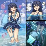  1girl ahoge black_hair blue_swimsuit bound breasts brown_eyes highres jellyfish kantai_collection large_breasts long_hair monikano ocean one-piece_swimsuit one_eye_closed polka_dot polka_dot_swimsuit restrained solo swimsuit tentacles tentacles_under_clothes underwater ushio_(kantai_collection) water 