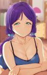  1girl :o alp aqua_eyes aqua_scrunchie bare_shoulders blue_tank_top blush breasts cleavage collarbone commentary_request crossed_arms green_eyes hair_ornament hair_scrunchie highres indoors large_breasts long_hair looking_at_viewer love_live! love_live!_school_idol_festival love_live!_school_idol_project low_twintails purple_hair scrunchie sitting table tank_top toujou_nozomi twintails wooden_floor 