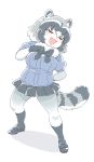  1girl animal_ears arm_behind_back bangs black_hair black_skirt blue_sweater bodystocking bow bowtie closed_eyes common_raccoon_(kemono_friends) extra_ears eyebrows_visible_through_hair facing_viewer fangs full_body fur_collar grey_hair hair_between_eyes hand_on_own_chest hand_up highres kemono_friends long_sleeves medium_hair microskirt mitsumoto_jouji multicolored_hair open_mouth raccoon_ears raccoon_tail shoes short_over_long_sleeves short_sleeve_sweater short_sleeves sidelocks simple_background skirt smile socks solo standing sweater tail v-shaped_eyebrows white_background white_hair 