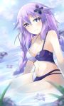  1girl absurdres bangs bikini bimmy blurry blurry_background blush braid breasts cleavage cloud cloudy_sky commentary english_commentary eyebrows_visible_through_hair flower flower_on_liquid hair_between_eyes hair_flaps hair_flower hair_ornament highres long_hair looking_at_viewer medium_breasts navel neptune_(series) power_symbol purple_bikini purple_eyes purple_hair purple_heart sidelocks sky smile solo swimsuit symbol-shaped_pupils twin_braids wading water white_bikini 