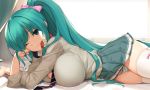  1girl ;) alternate_hairstyle aqua_eyes aqua_hair bow bow_legwear breasts commentary dakimakura english_commentary eyebrows_visible_through_hair grey_shirt hatsune_miku headphones headphones_around_neck indoors large_breasts looking_at_viewer lying necktie on_side one_eye_closed panties pink_bow pleated_skirt ponytail shirt skirt smile solo striped striped_panties thighhighs tony_guisado underwear vocaloid white_legwear 