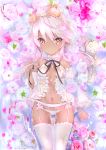  1girl absurdres bangs bare_shoulders blush breasts chloe_von_einzbern closed_eyes dark_skin fate_(series) flower flower_wreath garter_belt head_wreath highres lingerie long_hair looking_at_viewer mezashi_gohan navel orange_eyes panties pink_hair sidelocks small_breasts thighhighs thighs underwear white_legwear white_panties 