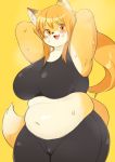  akitaka anthro big_breasts blonde_hair blush bodily_fluids bra breasts canid canine clothed clothing curvy_figure female fur hair kemono long_hair looking_at_viewer mammal midriff multicolored_body multicolored_fur navel open_mouth overweight overweight_female simple_background solo sports_bra standing sweat thick_thighs two_tone_body two_tone_fur underwear voluptuous white_body white_fur yellow_background yellow_body yellow_eyes yellow_fur yoga_pants 