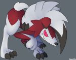  2017 3_fingers 3_toes all_fours ambiguous_gender anthro black_claws black_nose claws fingers fur grey_background hair kemofoo lycanroc midnight_lycanroc nintendo pok&eacute;mon pok&eacute;mon_(species) red_body red_eyes red_fur sharp_teeth simple_background smile solo teeth toes video_games white_body white_fur white_hair 