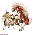  3_toes 4_fingers anthro black_claws black_nose blue_eyes canid canine cheek_tuft claws dewclaw duo facial_tuft feral fingers fur hair hi_res looking_at_another lycanroc mammal midday_lycanroc midnight_lycanroc nintendo ommanyte open_mouth pok&eacute;mon pok&eacute;mon_(species) red_body red_eyes red_fur sharp_teeth signature simple_background spikes standing teeth toes tongue tuft video_games white_background white_body white_fur white_hair 