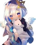  1girl amane_kanata angel_wings animal_ears armband bangs bear_ears blue_eyes blue_hair blush chikuwa_(tikuwaumai_) clenched_hand commentary danganronpa eyebrows_visible_through_hair eyes_visible_through_hair hair_ornament head_tilt highres holding holding_stuffed_animal hololive long_sleeves looking_at_viewer monokuma multicolored_hair open_mouth pink_hair school_uniform serafuku silver_hair simple_background smile smirk solo star_(symbol) star_hair_ornament stuffed_animal stuffed_toy symbol_commentary translation_request two-tone_hair virtual_youtuber white_background wings 