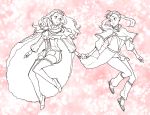  2girls :o absurdres black_clover breasts cape capelet commentary_request cousins eye_contact highres kazami_(wk) large_breasts long_hair looking_at_another looking_to_the_side mimosa_vermilion monochrome multiple_girls noelle_silva pink_background sandals smile socks thighhighs twintails 