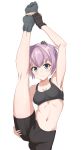  1girl alternate_costume bike_shorts black_bra black_shorts blue_eyes bra cowboy_shot highres kantai_collection looking_at_viewer nanowise pink_hair ponytail shiranui_(kantai_collection) short_hair shorts simple_background solo split sports_bra standing standing_on_one_leg standing_split stretch underwear white_background 