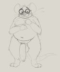  anthro balls belly big_belly big_penis blush buckteeth emenius eyewear flaccid fur genitals glasses hi_res male mammal nipples overweight overweight_male penis rodent simple_background solo teeth whiskers 