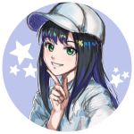  1girl aqua_eyes bangs baseball_cap black_hair blue_background blue_hair circle eyebrows_visible_through_hair finger_to_chin hand_up hat kelinch1 light_blush looking_at_viewer multicolored multicolored_eyes multicolored_hair open_mouth original portrait rainbow_gradient rainbow_hair shirt simple_background smile solo star_(symbol) starry_background teeth two-tone_background two-tone_hair white_headwear white_shirt 