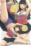  1girl :d arm_up ass bangs black_eyes black_hair black_skirt blue_panties blush cheerleader high_kick highres kicking looking_at_viewer multiple_views navel open_mouth original panties pom_poms ryokucha_michi skirt smile socks sportswear stretch thighs underwear white_legwear 