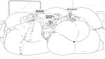  2018 absurd_res anthro belly big_belly big_butt big_cheeks big_muscles bottomwear boxers_(clothing) butt canid canine canis clothing demon dialogue english_text eyewear fangs fierglief fierglief_(character) fox glasses group hi_res holding_object hoodie horn huge_butt huge_thighs hybrid hyper hyper_belly hyper_butt hyper_thighs inside lounging male mammal monochrome morbidly_obese musclegut muscular navel obese open_mouth overweight pants playing sitting size_difference sketch speech_bubble text thick_thighs topwear tyrse underwear wolf 