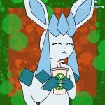  1:1 ambiguous_gender azi beverage blue_body blue_fur canid canine coffee cup eeveelution eyes_closed fur glaceon holding_object mammal multicolored_body multicolored_fur nintendo pok&eacute;mon pok&eacute;mon_(species) smile solo straw video_games 