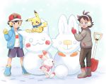  2boys :d baseball_cap black_hair black_pants blue_coat blue_eyes blue_footwear blue_scarf blue_shorts boots brown_eyes bunny coat commentary_request creature dark_skin dark_skinned_male earmuffs full_body gen_1_pokemon gen_8_pokemon gloves gou_(pokemon) grey_coat grey_footwear hat highres mei_(maysroom) multiple_boys no_socks open_mouth pants pikachu pink_scarf pokemon pokemon_(anime) pokemon_(creature) pokemon_swsh_(anime) red_gloves red_headwear satoshi_(pokemon) scarf scorbunny shirt shorts shovel signature sitting smile snow snowing snowman standing starter_pokemon themed_object upper_teeth white_shirt yellow_gloves 