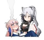  2girls @_@ animal_ear_fluff animal_ears arknights bangs black_scarf blue_hair blunt_bangs blush breasts cat_ears ceylon_(arknights) cleavage commentary eyebrows_visible_through_hair hair_between_eyes highres jacket junsuina_fujunbutsu large_breasts long_hair long_ponytail looking_at_another multicolored_hair multiple_girls no_hat no_headwear open_clothes open_jacket pink_eyes pink_hair ponytail scarf schwarz_(arknights) silver_hair simple_background streaked_hair white_background white_jacket yellow_eyes 